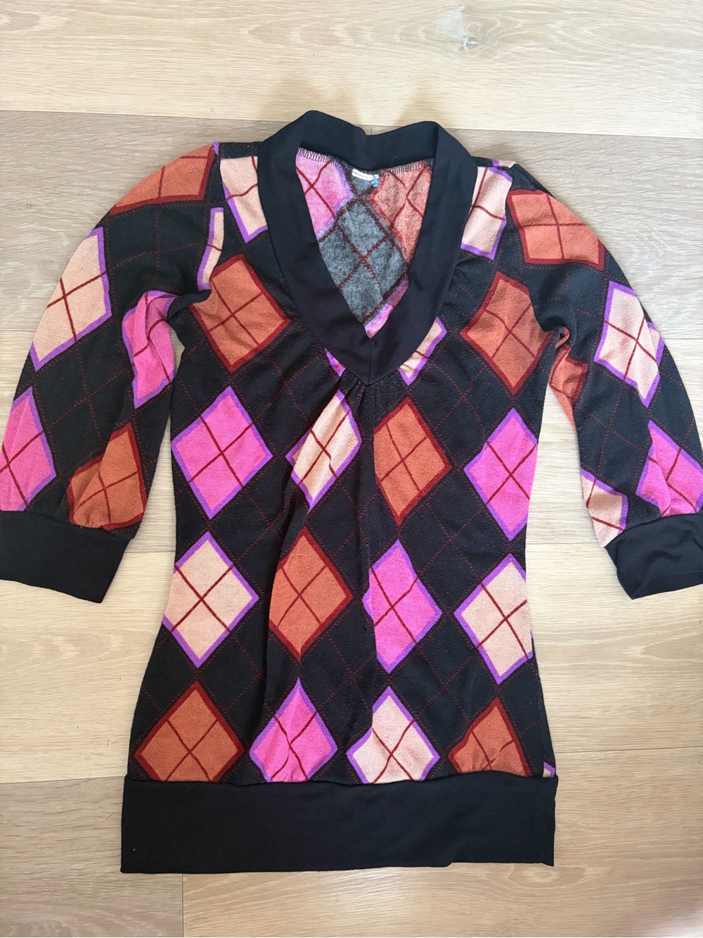 Y2K Argyle Cowl Neck 3/4 Sleeve Top Pink Black XS/S